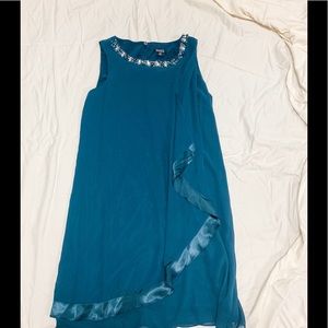 Worn once Teal Missy Dress w/ beaded neck & overlay hem